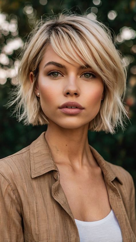 💄 Radiant Buttery Blonde Blonde Hair Transformations Trend | Trending Now 💅🌟 Short Blonde Bobs Round Face, Golden Blonde Bob Hairstyles, Blonde Bob With Shadow Roots, Short Dimensional Blonde, Golden Blonde Hair Short, Root Smudge Blonde Short Hair, Dimensional Blonde Short Hair, Shoulder Length Blonde Hair With Bangs, Blonde On Blonde Highlights