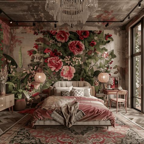 Floral Maximalist Bedroom Retreat Inspiration Flower Themed Bedroom, Maximalist Bedroom, Floral Mural, Cozy Bedrooms, Maximalist Style, Wallpaper Walls Decor, Themed Bedroom, Maximalist Decor, Tile Wallpaper