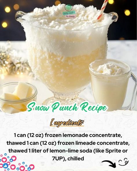 Emily Recipes Winter Wonderland Punch Recipes, Snow Ball Punch, Snow Punch, Punch With Dry Ice, Snowball Drink Recipe, Frozen Limeade, Christmas Punch Recipes, Lemonade Concentrate, Christmas Punch