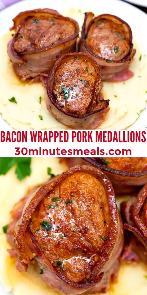 Bacon Wrapped Pork Tenderloin Filets, Pork Tenderloin Wrapped In Bacon Recipes, Bacon Wrapped Pork Tenderloin Medallions, Pork Tenderloin Slices Recipes, Sliced Pork Tenderloin Recipes, Pork Loin Medallions Recipes, Pork Tenderloin Bacon Wrapped, Pork Tenderloin Medallion Recipes, Bacon Wrapped Pork Medallions