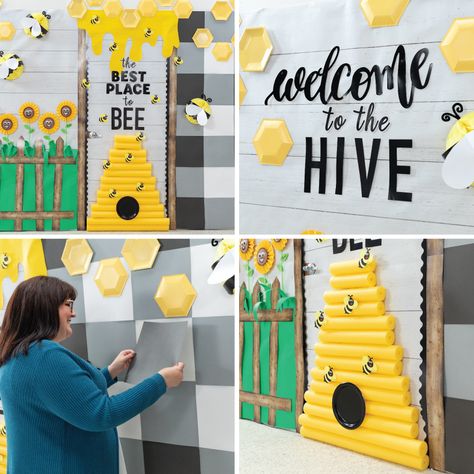 Fun365 | Fun365 Bee Theme Bulletin Board, Bee Bulletin Boards, Teacher Appreciation Door Decorations, Bee Classroom Decor, Bumble Bee Decorations, Teacher Appreciation Doors, Bee Themed Classroom, Bumble Bee Art, Bee Classroom