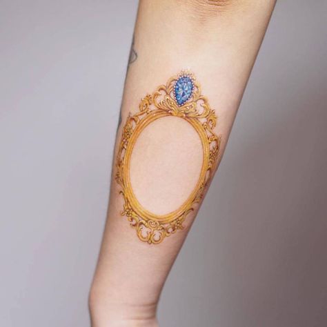 Vintage Frame Tattoo, Vintage Mirror Tattoo, Victorian Tattoo, Frame Tattoo, Mirror Tattoos, Framed Tattoo, Gold Tattoo, Tattoo Portfolio, Cover Up Tattoo