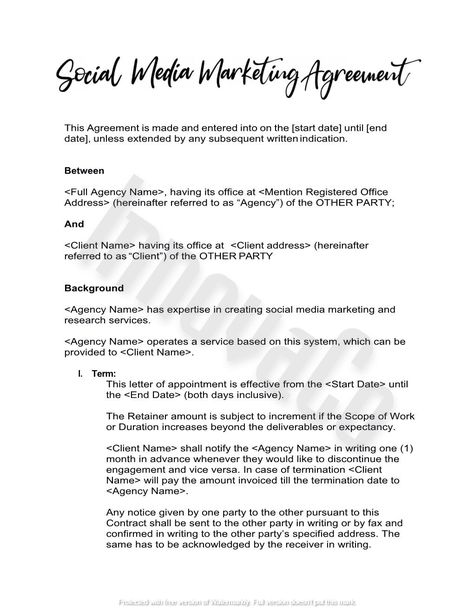 Social Media Marketing Agreement, Social Media Manager Contract, Media Manager Contract, Social Media Agreement, Marketing Manager Contract Social Media Manager Contract Template, Social Media Contract, Social Media Manager Contract, Real Estate Fun, Scope Of Work, Social Media Marketing Planner, Social Contract, Contract Agreement, Social Media Digital Marketing