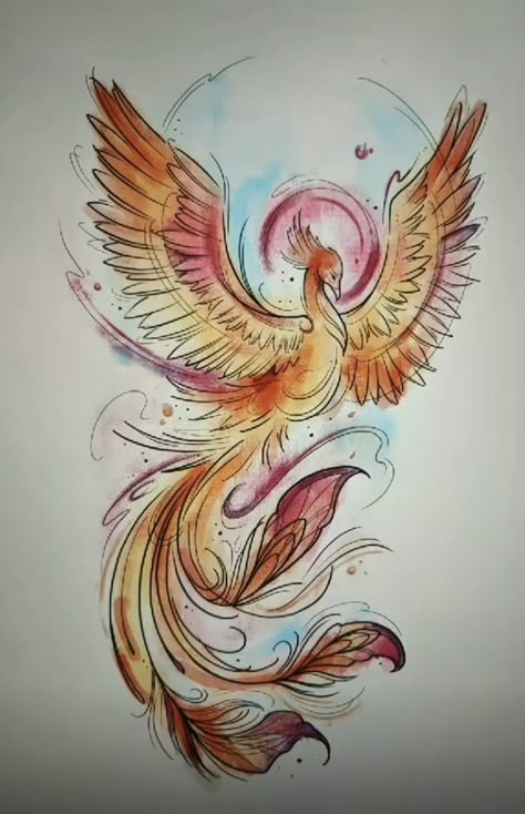 Phoenix Bird Art Drawing, Color Phoenix Tattoo, Phoenix Drawing Sketches Art, Phoenix Watercolor Tattoo, Phoenix Watercolor, Phoenix Drawings, Phoenix Tattoo Color, Phoenix Drawing, Full Neck Tattoos