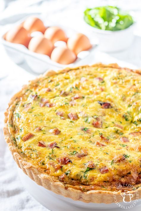 Ham and Cheese Quiche with Fresh Spinach Ham And Spinach Quiche Recipes, Ham Spinach Cheese Quiche, Ham And Spinach Quiche, Ham Quiche Recipe, Quiche Spinach, Cooking Charts, Perfect Pie Crust Recipe, Ham Quiche, Fresh Ham