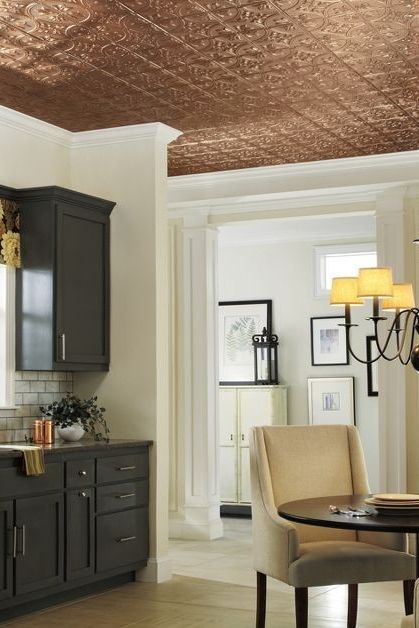 Brass Ceiling Tiles, Copper Ceiling Tiles Kitchen, Copper Ceiling Kitchen, Ceiling Ideas Kitchen, Tin Ceiling Kitchen, Copper Ceilings, Foursquare House, Basement Addition, Copper Ceiling Tiles