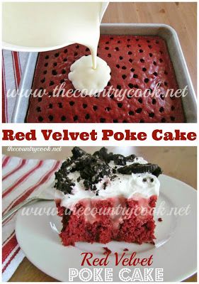 Red Velvet Poke Cake recipe from The Country Cook. What is not to love about this cake? Red Velvet Poke Cake, Icebox Cakes, Bake Cakes, Poke Cake Recipes, Country Cook, Poke Cakes, Library Catalog, Poke Cake, Yummy Sweets