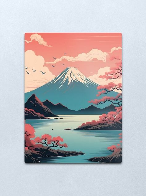 Mount Fuji Drawing, Gunung Fuji, Japanese Mountains, Fuji Mountain, Japandi Wall Art, Japan Landscape, Mountain Illustration, Aesthetic Retro, In Aesthetic