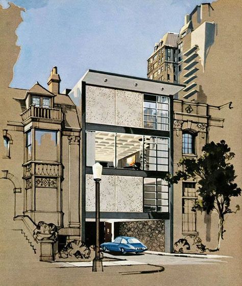 THE PLAYBOY TOWN HOUSE (1962) “Posh Plans For Exciting Urban Living”!, a “modishly swinging manor for the modern man”. Spread from the May 1962 issue of Playboy Magazine. Design by R. Donald Jaye and rendering by Humen Tan. Architecture Classic, Architecture Sketches, House Sketch, Architectural Sketches, Architectural Presentation, Interior Sketch, Architecture Graphics, Architectural Sketch, Model Drawing