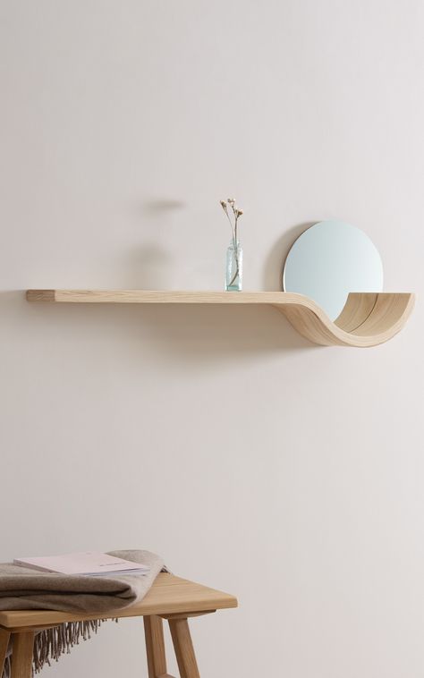 new esun shelf with mirror by tom raffield Shelf With Mirror, Bali Bedroom, Floating Mirror, Circular Mirrors, Minimalist Bookshelves, Mounted Mirrors, Mid Century Modern Interior Design, Living Room Tv Unit Designs, Living Room Tv Unit