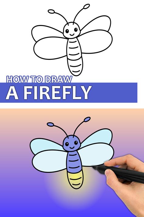 Learn how to draw a Firefly with this step by step drawing tutorial video. Enjoy! ♥ #firefly #fireflydrawing #fireflyart #howtodraw #easydrawingforkids #easydrawing #drawingtutorial Firefly Handprint Art, Firefly Classroom Theme, Lightning Bug Drawing, Firefly Drawing, How To Draw Insects, Draw Insects, Camping Preschool, Lighting Bugs, Bugs Drawing