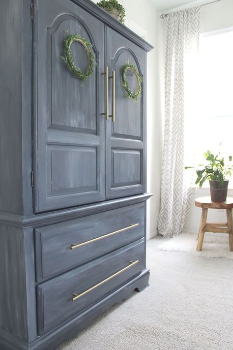 blue painted furniture makeover fusion mineral paint, before and after furniture makeovers Armoire Makeover, Blue Painted Furniture, Painting Oak Cabinets, Diy Muebles Ideas, Grey Bedroom Furniture, Bedroom Furniture Makeover, Painted Bedroom Furniture, Upcycled Furniture Diy, Dressers Makeover