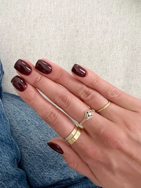 Nail Color 2024 Fall, Really Dark Red Nails, Fall Dark Red Nails, Short Red Fall Nails, Fall Graduation Nails, Deep Merlot Nails, Dark Red Tapered Square Nails, Auburn Nails Color, Oxblood Red Nails