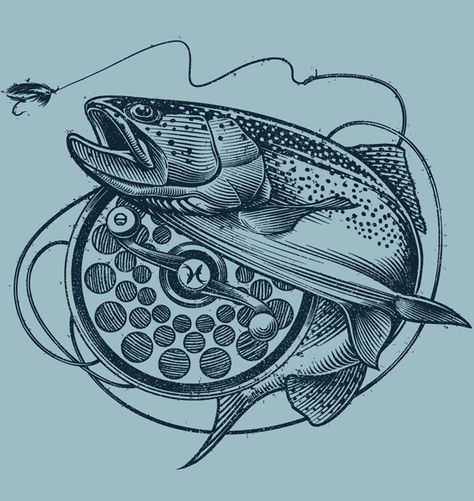 Trout Illustration, Trout Tattoo, Fly Fishing Tattoo, Trout Art, Fly Fishing Art, Dad Tattoos, Wood Burning Patterns, Fish Drawings, Rainbow Trout