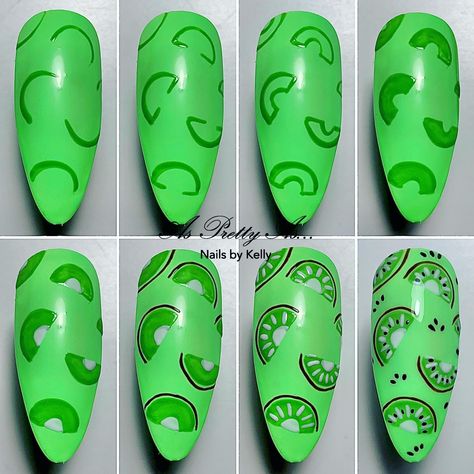 Kelly Scothorn | Kiwi Fruits 🥝 So this step by step is similar to the strawberry design in that it builds up mini versions on one nail. This is a quick… | Instagram Strawberry Design, Accent Nail, Kiwi Fruit, Abstract Line Art, Accent Nails, Friendly Design, Spring Nails, Kiwi, Full Set