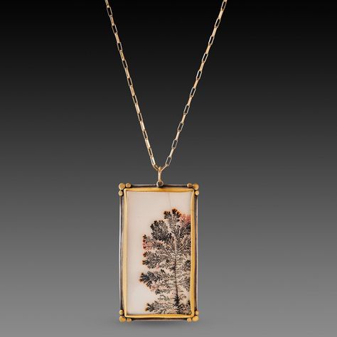 A very special dendritic agate evokes a mysterious and lovely scene in nature. The stone is wrapped in 22k gold, and accented with four 22k gold trios. This magical pendant is backed in sterling silver, and suspended from a 14k gold paperclip chain. Pendant measures approximately 1 inch x 1 5/8 inches. Matte finish. Dendritic Agate Jewelry, Fae Dress, Magical Pendant, Gem Pendant, Art Jewelry Contemporary, Painted Jewelry, Gemstone Necklaces, Hand Painted Jewelry, Dendritic Agate