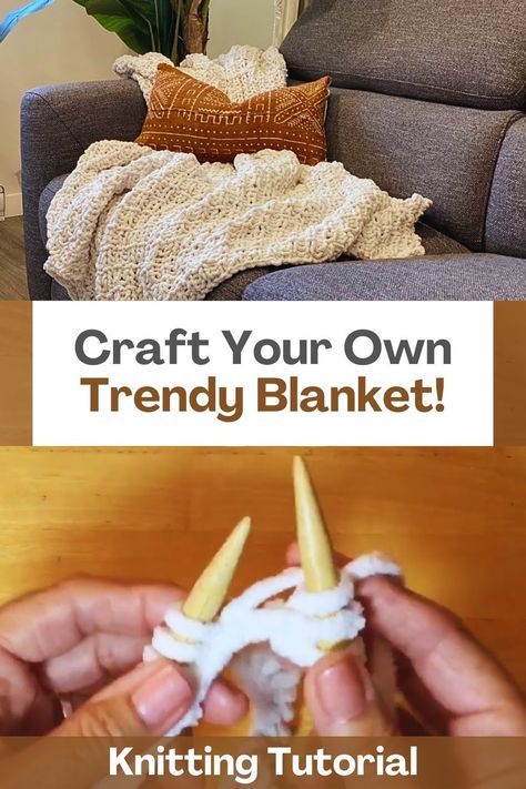 Get ready to snuggle up in style with a blanket that's as trendy as it is cozy. Whether you're a beginner eager to dive into the world of knitting or an experienced knitter looking for a fun project, this beautiful blanket is the perfect choice for you. This step-by-step video tutorial is like having a knitting mentor right by your side. The creator of the video has crafted a slow and easy-to-follow guide that will walk you through every stage of the process. From casting on to joining the... How To Knit A Blanket For Beginners, Easy Knit Blanket For Beginners, How To Knit A Blanket, Knited Blankets, Chunky Knit Blanket Pattern Free, Easy Knit Blanket, Trendy Blanket, Knitting Patterns Free Blanket, Learn To Knit