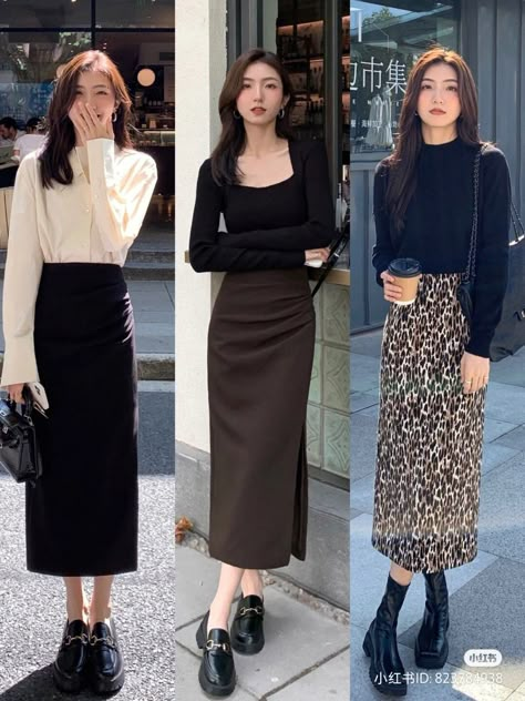 Long Skirt Outfits For Work Business Casual, Asian Midi Skirt Outfits, Long Black Skirt Office Outfit, Turtle Neck And Long Skirt Outfit, Midi Skirt Outfit Hijab, Korean Outfits Skirts Long, Old Aesthetic Outfits, Business Casual Long Skirt, Korean Style Skirt Long