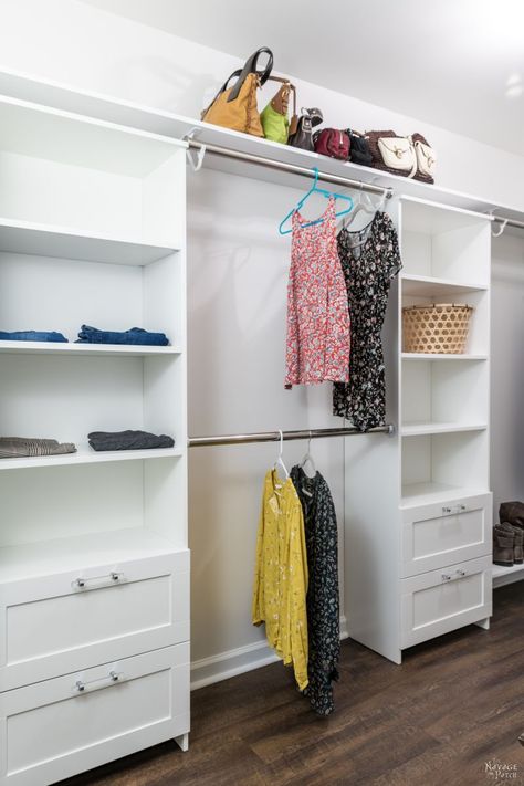 Closet System On A Budget, Cheap Closet Built Ins, Small Primary Bedroom Closet, Closet System Walk In, Brimnes Bookcase Ideas, Ikea Brimnes Closet Hack, Brimnes Closet Hack, Primary Closet Organization, Ikea Brimnes Bookcase Hack