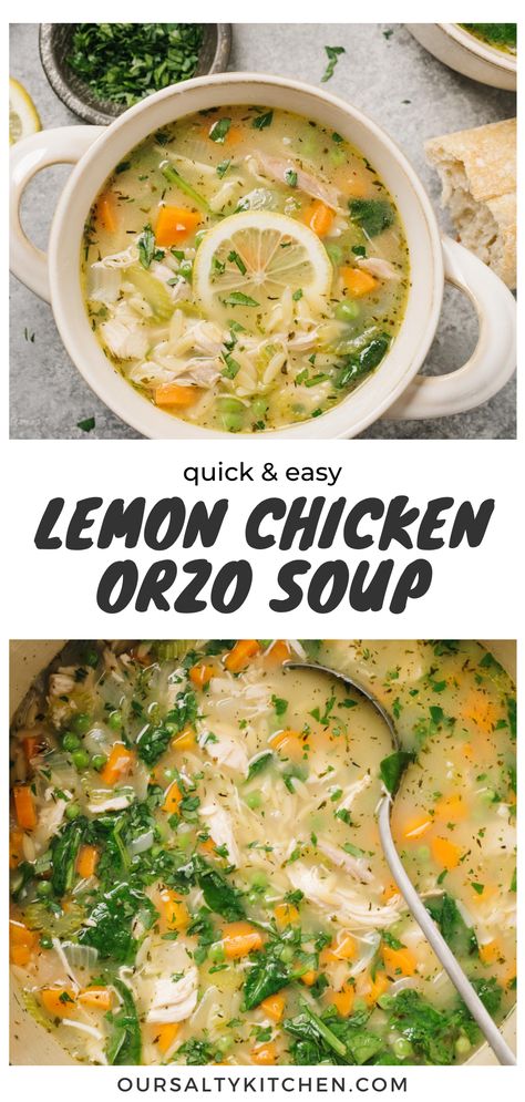 Classic chicken soup gets a springtime makeover with this lemon chicken orzo soup. Use leftover roasted or rotisserie chicken to make quick work of this weeknight meal! With lots of lemony flavor and spring vegetables like peas and spinach, there is a great balance between healthy and comfort food in this meal. It's quick, kid friendly, and a great way to use up leftovers and pantry staples. #chickensoup #springrecipes #lemon #orzo #leftoverchicken #healthysoup Spring Soup Recipes, Lemon Orzo Soup, Rotisserie Chicken Soup, Lemon Chicken Orzo, Orzo Soup Recipes, Spring Soups, Lemon Soup, Lemon Orzo, Lemon Chicken Soup