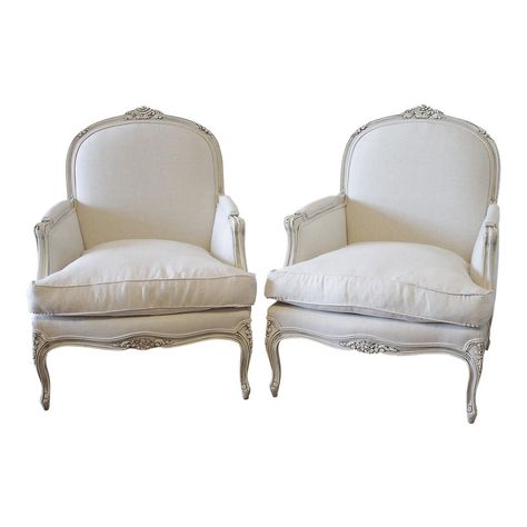 French Louis XV Style Painted and Upholstered Bergère Chairs - a Pair Bergere Chairs, Parlor Chair, French Country Living Room, Oyster White, Bergere Chair, Sofa Bench, Sitting Pretty, Louis Xvi Style, Belgian Linen