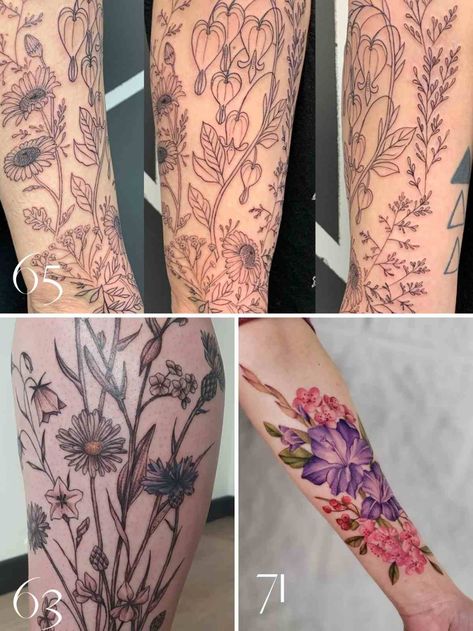 73+ Fresh WildFlower Tattoo Ideas In Free Form Bouquets - TattooGlee Flower Tattoos Wildflowers, Wildflower Tattoo Sleeve Forearm, Wild Flower Bouquet Tattoo, Wildflower Leg Tattoo, Wildflower Half Sleeve Tattoo, Wildflower Tattoo Sleeve, Wildflower Sleeve Tattoo, Wildflower Bouquet Tattoo, Wildflower Tattoo Ideas