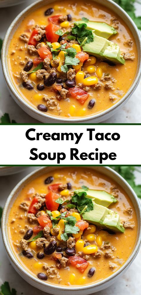 Searching for soup recipes? This Creamy Taco Soup Recipe is a creamy and comforting choice! Ideal for taco soup recipes lovers, it’s perfect for soup ideas or dinner recipes that are easy to prepare. Creamy Taco Soup Recipe, Soup Dinner Recipes, Taco Soup With Ground Beef, Creamy Taco Soup, Tomato Snacks, Taco Soup Recipe Easy, Soups Recipes, Easy Taco Soup, Soup Ideas