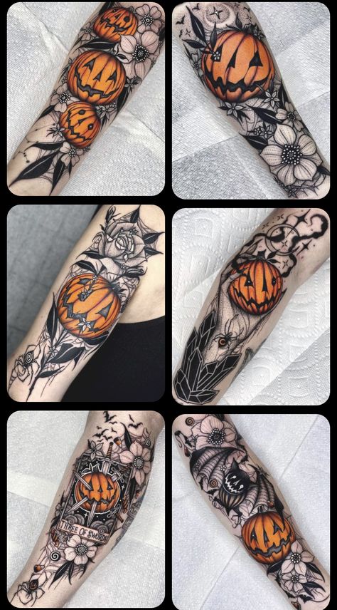 Halloween Forearm Tattoo Women, Pumpkin And Flowers Tattoo, Flower Pumpkin Tattoo, Halloween Tattoo Sleeves, Pumpkin Sleeve Tattoo, Ghost Pumpkin Tattoo, Halloween Arm Tattoo, Halloween Tattoo Ideas Pumpkins, Halloween Sleeve Tattoo For Women