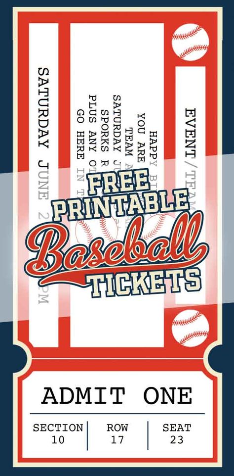 A free printable baseball ticket template to download and use. Cricut Ticket Template, Printable Baseball Tickets, Baseball Birthday Party Invitations Free Printable, Baseball Birthday Invitations Templates, Baseball Labels Printable Free, Twins Baseball Birthday Party, Baseball Birthday Invitations Free, Baseball Bingo Free Printable, Blank Baseball Card Template