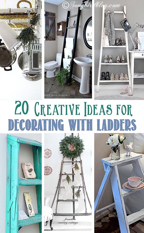 I love ladders!! Check out these 20 inspiring and awesome ideas for decorating with ladders. via http://www.songbirdblog.com Ladders For Decoration, Decorating With Ladders, Wooden Ladder Decor, Display Quilts, Wooden Ladders, Ladder Ideas, Window Shutter, Vibeke Design, Old Ladder