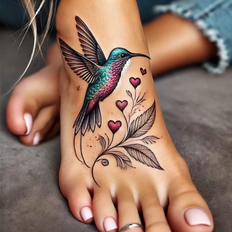 Hummingbird Back Tattoo Women, Hand Tattoos For Women Colorful, Hummingbird Flower Tattoo Forearm, Hummingbird Foot Tattoo, Female Ankle Tattoos, Humming Bird Tattoo For Women, Women Side Tattoos, 2 Hummingbirds Tattoo, Foot Tattoos For Women Unique