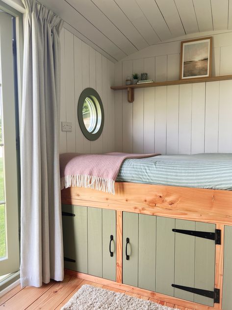 Luxury shepherd hut for sale.  Handmade in Cornwall — Timeless Spaces Shepherd Hut Interiors, Shepherds Hut Interior, Nutec Houses, Shepherds Hut For Sale, Built In Beds, Hut Interior, Bed Deck, Oak Cladding, Small Holding