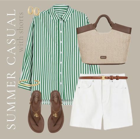 White shorts | green shirt Striped Tshirt Outfits Summer, Green Striped Shirt Outfit, Clean Look Outfit, Tshirt Outfit Summer, Green Striped Shirt, Striped Shirt Outfit, Modest Summer Fashion, Simple Summer Outfits, Classic Style Outfits