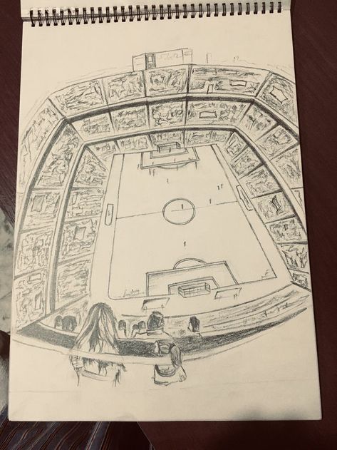 Football Related Drawings, Soccer Drawing Aesthetic, Soccer Stadium Drawing, Soccer Sketches Draw, Soccer Drawing Ideas, Footballer Sketch, Soccer Field Drawing, Sports Drawing Ideas, Football Drawing Sketches