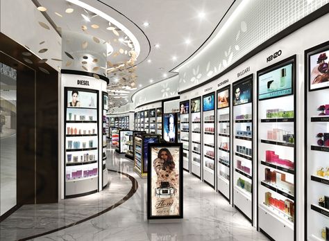 Duty Free Shop Design, Cosmetic Store Design Interiors, Perfume Store Design, Perfume Store Interior Design, Cosmetics Store Design, Perfume Shop Design, Cosmetic Stores, Shop Board Design, Duty Free Store