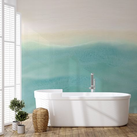 Blue Bathroom Wallpaper, Ocean Beach Wallpaper, Yellow And Blue Bathroom, Cloakroom Wallpaper, Dramatic Bedroom, Ocean Mural, Bathroom Mural, Beach Wall Murals, Waves Wallpaper