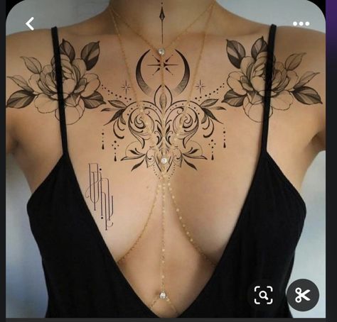 Mandala Chest Tattoo, Chest Tattoo Designs Female, Chest Tattoo Female Upper, Chest Neck Tattoo, Sternum Tattoos, Full Chest Tattoos, Cool Chest Tattoos, Pieces Tattoo, Chest Tattoos