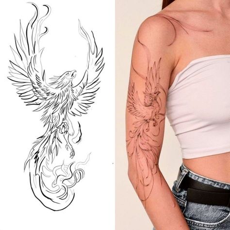 Pretty Tattoos For Women Ribs, Phoenix Tattoo Placement, Phoenix Tattoo With Flames, Pheonix Tattoo For Women On Arm, Phönix Tattoo Women Arm, Phoenix Arm Tattoo For Women, Pheonix Tattoo For Women On Back, Rising Phoenix Tattoo Feminine Arm, Phoenix Tattoo Feminine Arm