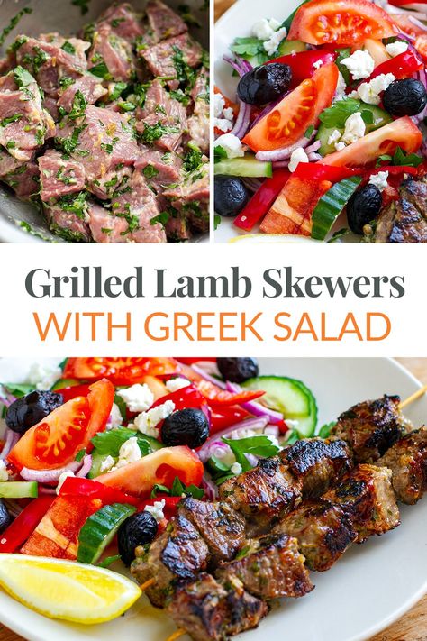 Lamb Souvlaki Recipe, Healthy Lamb Recipes, Simple Greek Salad, Lamb Side Dishes, Greek Roasted Potatoes, Lamb Marinade, Lamb Kabobs, Lamb Salad, Greek Gyros