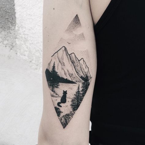 landscape with little fox for jessica, thank you! #themagicsociety #carowalchtattoo #pforzheim #dotworktattoo #landscape H Tattoo, Dot Work Tattoo, Dog Tattoo, Triangle Tattoo, Geometric Tattoo, Tatting, Fox, Thank You, Tattoos