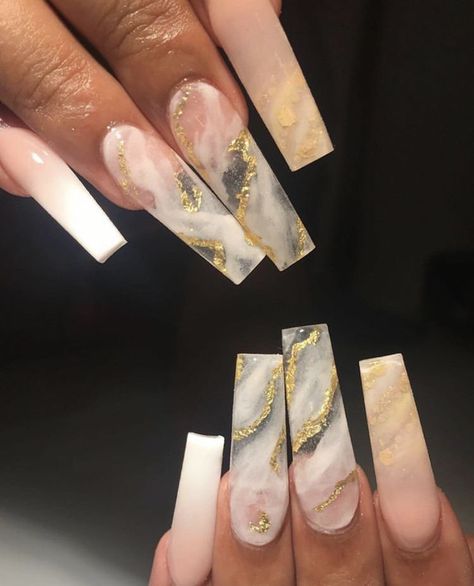 Gold Leaf Marble Nails, Black Marble Nails With Gold Flakes, Marble Full Set Nails, Clear Marble Nails Acrylic, White Marble Nails With Gold Flakes, White And Gold Marble Nails, Coffin Marble Nails, Yellow Marble Nails, Marble Nails With Gold Flakes