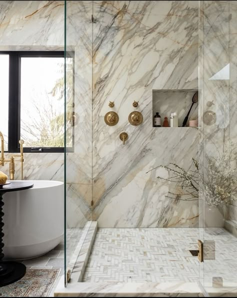 Bookmatched Marble Bathroom, Marble Effect Bathroom, Onyx Bathroom, Marble Master Bath, White Marble Tile Bathroom, Marble Shower Tile, Marble Bathroom Designs, Marble Tile Bathroom, Marble Showers