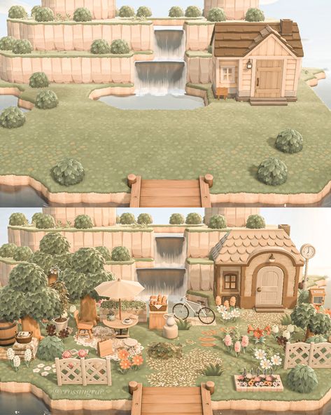 Animal Crossing Cottagecore Villagers House, Achn Villagers Houses, Acnh Cottagecore Museum Entrance, Acnh House Exterior Customization Ideas, Villager House Animal Crossing, Acnh Front Yard Ideas Cottagecore, Acnh Neighborhood Designs Cottagecore, Acnh Home Exterior Design Cottagecore, Hhp Acnh Ideas Outside