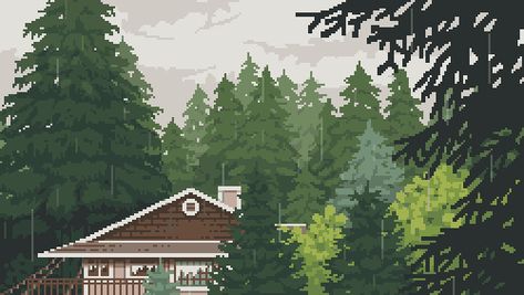 Here, take this. - Imgur In The Woods, Pixel Art, Cross Stitch, Cabin, Trees, Gif, Green, Art