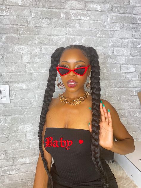 Jumbo pigtail braids with kanekalon hair ❤️ Jumbo Box Braids Ponytail, Jumbo Braid Pigtails, Side Part Pigtail Braids, 1 Jumbo Braid Ponytail, 2 Large Braids, 2 Braided Pigtails Black Women, Two Pony Braids, Jumbo Braids Ponytail, 2 Braids Pigtails