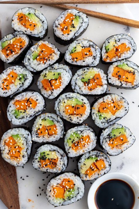 Sweet Potato Roll Sushi - Food with Feeling Vegan Sushi Bake, Sweet Potato Sushi Roll, Sweet Potato Roll, Sweet Potato Sushi, Vegetarian Sushi Recipes, Vegetarian Sushi Rolls, Good Sweet Potato Recipe, Vegan Sushi Rolls, Sweet Potato Rolls