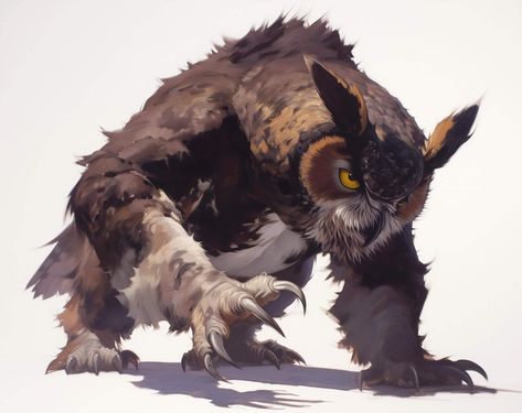 Owl Monster Concept Art, Fantasy Animal Hybrids, Owlbear Tattoo, Owlbear Art, Monster Hunter Concept Art, Owl Monster, Dnd Beasts, Owl Beast, Displacer Beast