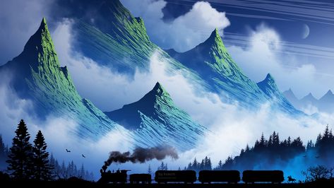 Wallpaper train, mountains, art, fog, smoke 16:9 Wallpaper Backgrounds, Active Wallpaper, Train Wallpaper, Illustration Landscape, Train Art, Mountain Wallpaper, Wallpaper Dekstop, Lake Landscape, Mountain Art