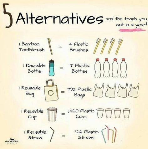 REDUCE - These 5 simple steps really help to reduce your plastic usage a year.  Theyre are easy things to do and things we certainly wouldnt be without  - This graphic lets you easily understand the positive impact you can have by making a switch to its less wasteful counterpart! .  @thegoodlife_designs . . . . .  #plasticfreefebruary #saynotosingleuse #zerowaste #zerowasteuk #zerowastehome #zerowasteliving #reducewaste #lowimpact #lowimpactliving #lowimpactmovement #plasticfree #plasticfreelivi Plastik Recycling, Waste Free Living, Environmentally Friendly Living, Plastic Free Living, Eco Life, Save Our Earth, Zero Waste Kitchen, Eco Friendly Kitchen, Waste Free