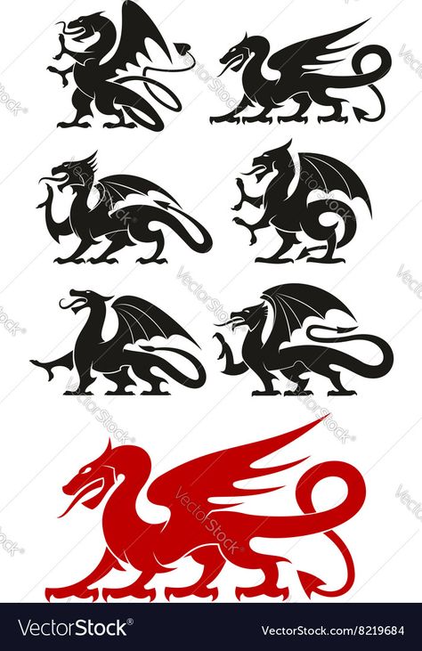 Black And Red Icons, Medieval Symbols, Dragon Medieval, Medieval Pattern, Medieval Decor, Medieval Dragon, Dragon Icon, Dragon Silhouette, Open Wings